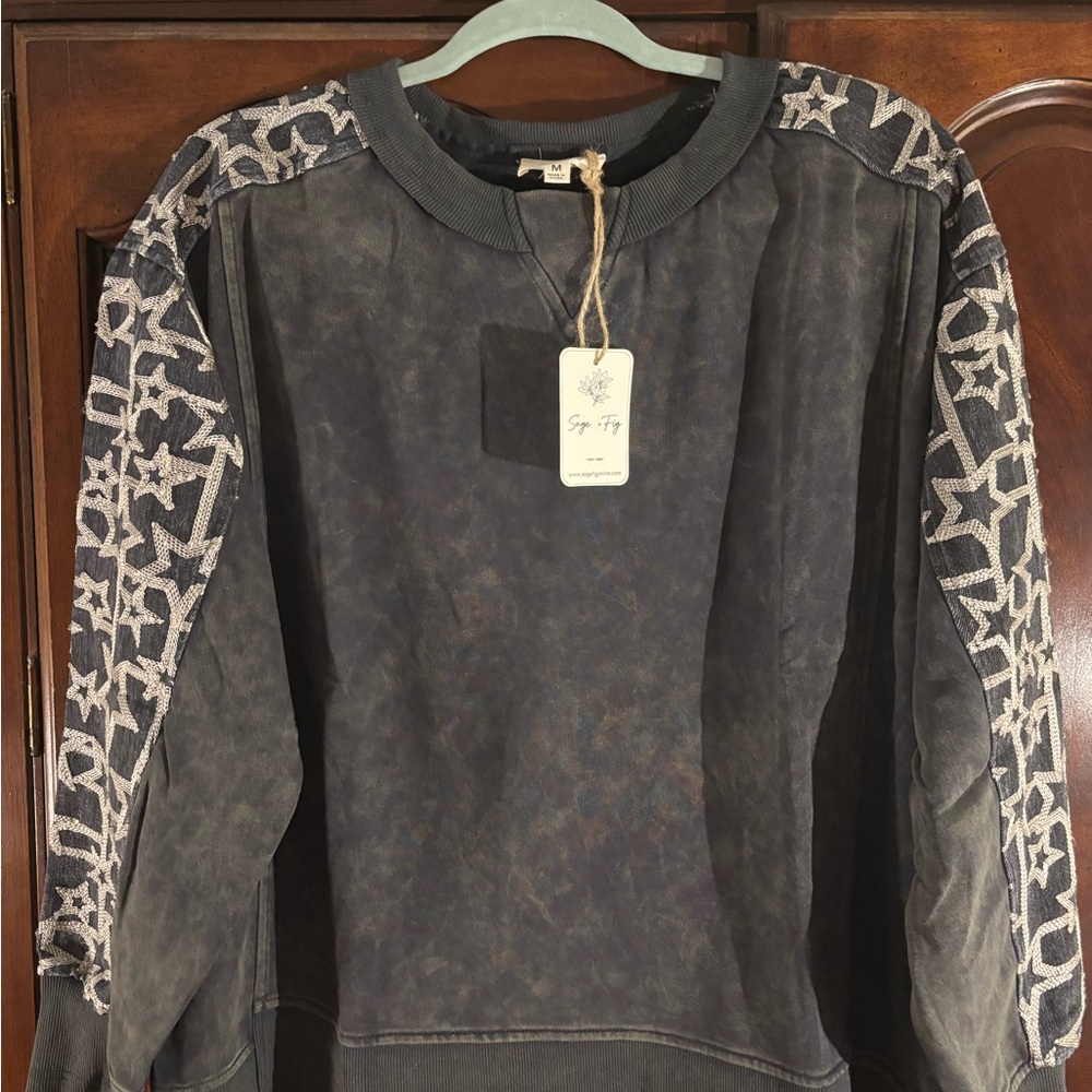 Chic Boutique Sage + Fig Sweatshirt Burnout Black Embroidered Star Sleeves Rodeo